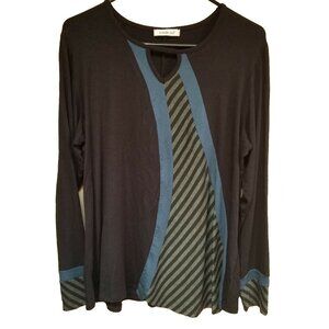 Inside Out Women Keyhole Neck Shirt Top Large Black Stripe Long Sleeve Pullover